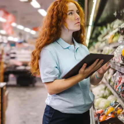 Supermarker worker, woman with ginger hair