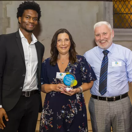 Mr MoneyJar, Ceri Jennings and Chris Smallwood at the Living Wage Champion Awards 2022